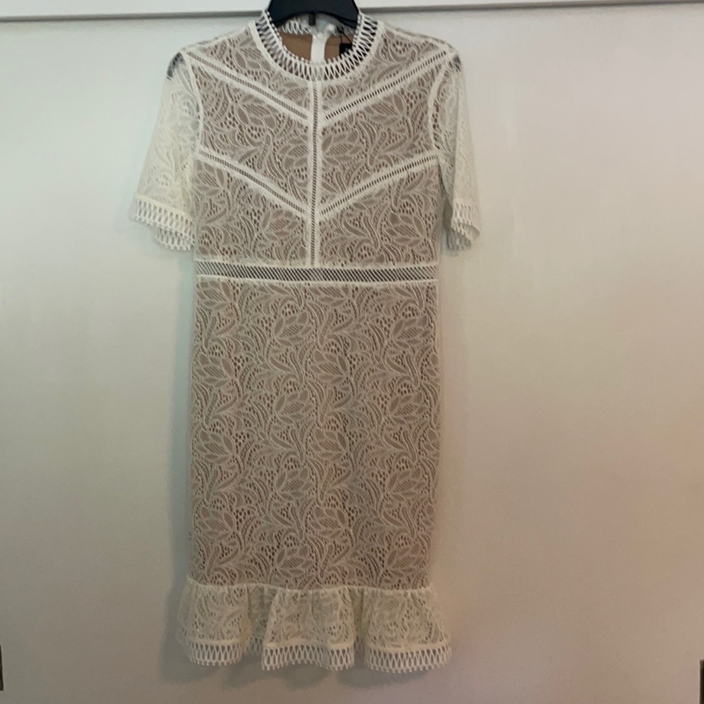 Bardot ivory lace mini dress.